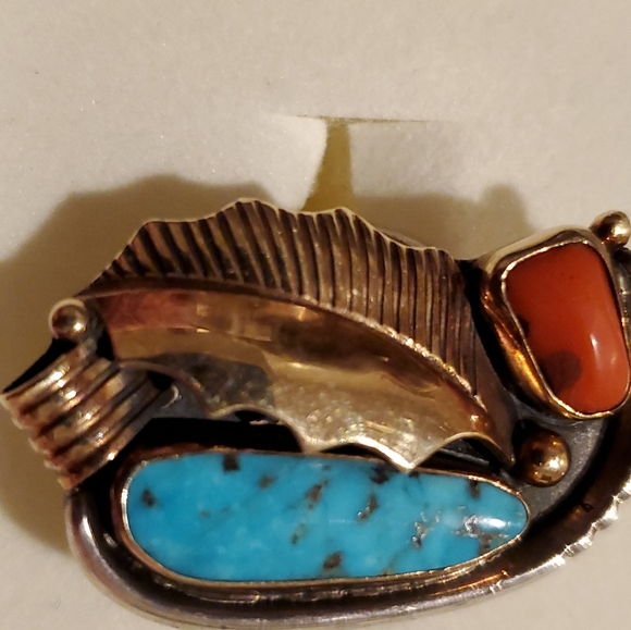 Native Am. Turquoise Coral 10Kt Gold Silver ring - Picture 2 of 7